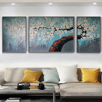 Peinture à l'huile sur toile 3 pièces, motif floral de prunier bleu moderne, peinte à la main, épaisse, pour décoration murale de la maison, tableau à suspendre