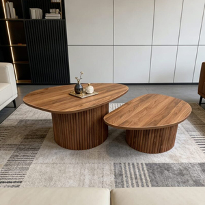 Set di 2 Tavolini da Caffè Moderni Japandi con Base Scanalata Effetto <span class=keywords><strong>Travertino</strong></span>, Arredamento per Soggiorno, Prezzo Diretto di Fabbrica - Product Image 3