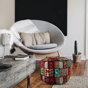 Exquisite Bohemian Decor Handcrafted Embroidery <b>Pouf</b> Ottoman with Vibrant Patterns for Home Sitting Arrangements - Product Image 5