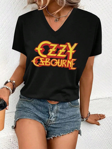 T-shirt casual da donna con scollo a V e stampa con lettere OZZY AUSTRALIA, manica corta, top alla moda, misto poliestere, abbigliamento casual rilassato - Product Image 1