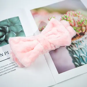 pink Soft Coral Fleece Face Washing Spa Hair Band Women Bow Bath Fluffy Headband For Makeup