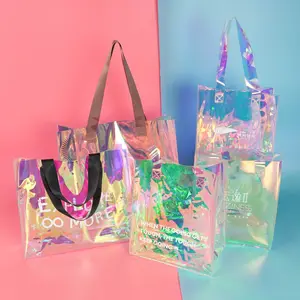 Tas pantai kustom 2024 grosir Pvc tas belanja mewah tahan air holografik jelas tas Tote dengan Logo tas tangan kosmetik wanita