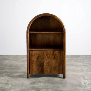 Organic Modern Teak <b>Wood</b> Arched Book Storage with Double Closed Doors - Product Image 1