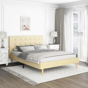 Kainice wholesale japanese platform bed frame beige leather queens full size solid wood upholstered beds for bedroom