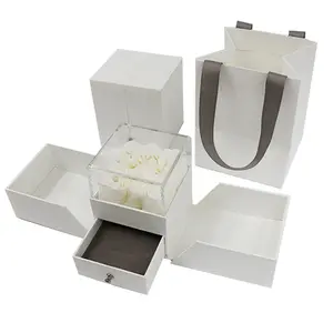 白玫瑰包装盒戒指项链双门情人节保存鲜花首饰盒