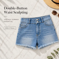 Shorts en jean taille haute pour femme, délavé moyen, à double boutonnage, effet sculptant la taille, ourlet effiloché, style décontracté, été, plage, streetwear