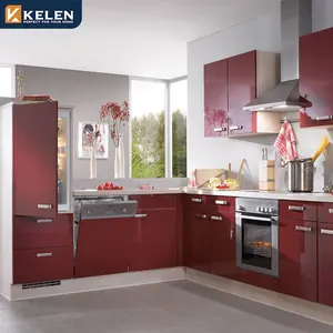 Kelen 2024 lacquer modern desain modular listrik pintar set kayu murah mebel merah lemari dapur dijual