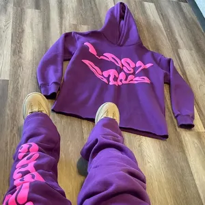 Üretici özel ağır damla omuz eşofman kesim kenar ham Hem erkek puf baskı Hoodie ve alevlendi Sweatpants seti