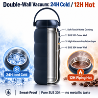 Bouteille d'eau isotherme anti-fuite de 600 ml, design Puffer, finition douce au toucher, poignée arquée pivotante, double paroi en acier inoxydable