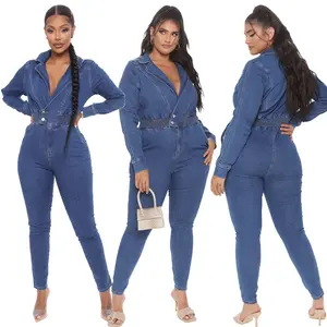 Sexy Donkerblauwe Lange Mouw Stretch Denim Eendelige Jumpsuit Vrouwen Eenvoudige Diepe V-Was Overall Jeans Jumpsuit Denim Vrouwen