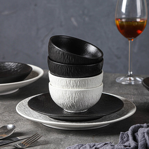 Juego de Vajilla de Porcelana Ecológico con Diseño Retro Clásico de Roca, Tazón para Sopa, Platos para Cena/Pescado/Filete, Blanco y Negro - Product Image 3