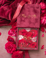 Boîte à alliances de luxe en velours bordeaux Glamour Gold, logo personnalisé en feuille d'or, boîtes d'invitation de mariage élégantes faites à la main