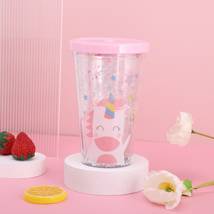 Vaso de plástico de doble pared con pajita, color pastel, 20oz, con estampado de unicornio kawaii para niñas, vaso color macarrón. - Product Image 1