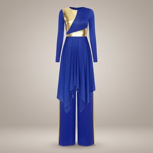 Women Blue Gold Ballet <b>Dance</b> <b>Dress</b> Long Sleeve Wide Leg Performance Costume Adult Professional Competition Wear Silk/Cotton - Product Image 2