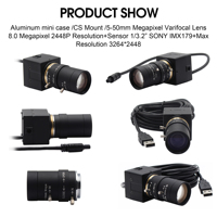 ELP 5-50mm Objectif Varifocal 8Megapixel 4K USB Caméra avec Webcam IMX179 8mp pour Android Linux Vidéo Industrielle