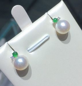 18k Solid Gold Akoya Pearl <b>Earrings</b> with Emerald and Crystal 7-7.5/7.5-8mm Round Pearl Jewelry <b>Fine</b> <b>Earrings</b> for Women - Product Image 3