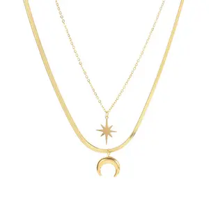 Fashion Snake Chain Necklace Star Moon Pendant Choker Stainless Steel Non Tarnish Jewelry Gold Plated Chain Necklaces for Women