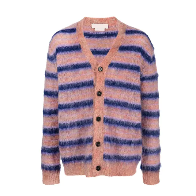 Kai qi pakaian Fuzzy Mohair Logo fashion crew leher musim dingin bulat leher Jacquard disesuaikan cardigan Knit Sweater pria Sweater