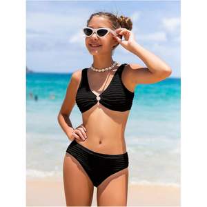 Ensemble de bikini côtelé à col en V pour filles, maillot de bain deux pièces extensible en Spandex et Nylon - Product Image 1