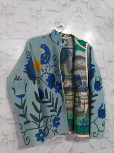 Premium Handcrafted Quilted 100% Cotton <b>Kantha</b> <b>Jacket</b> Beautiful Bird Floral Embroidery Windproof Reversible Ladies Winter Coat - Product Image 4