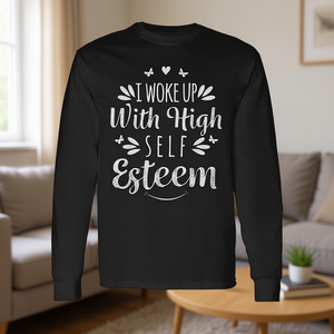 Camiseta de manga larga con cuello redondo unisex para adultos, con la frase 'Me Desperté con Alto Criterio de Autoestima', ropa promocional - Product Image 2