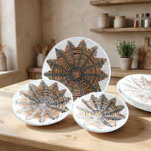 Ensemble de paniers muraux tressés du sud-ouest avec motifs mandala blancs faits à la main, en jonc de mer écologique Tya Loka Wood Soul, parfait pour - Product Image 3