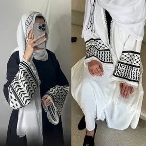 2024新しいソフトクレープ刺EmbroideryパレスチナKefiyyehAbayaラマダンタッセルドバイアバヤ女性イスラム教徒のドレス控えめなイスラム服