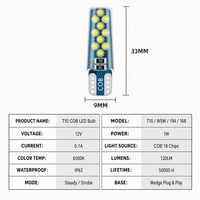 Ampoule LED COB T10 18SMD W5W 194 168 12V pour éclairage de plaque d'immatriculation de voiture, 7 couleurs, mode stroboscopique, Plug and Play
