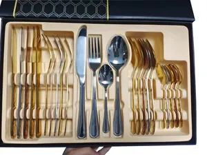 24 cái Flatware Set bán buôn sang trọng tùy chỉnh thép không gỉ Flatware nhà hàng đám cưới mạ vàng 24 cái thiết lập dao kéo