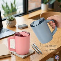 Mug à café isotherme en acier inoxydable à double paroi de 15 oz, couvercle rabattable et poignée assortis, anti-fuite, gobelet de voyage portable