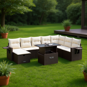 Ensemble de canapé de jardin modulaire en rotin PE marron avec rangement, mobilier d'extérieur au design moderne, coussins en mousse haute densité - Product Image 2
