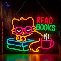 Petit chat jaune avec lunettes roses, enseigne néon LED « LIRE DES LIVRES », alimentée par USB, base acrylique 3D, décoration murale pour librairies/cafés/bibliothèques