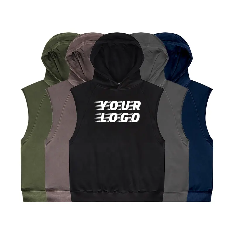 heavy weight curly edge washed wool ring sleeveless hooded men's t shirt men's sweatshirt of high quality
