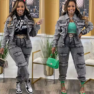 All'ingrosso da donna completi due pezzi <span class=keywords><strong>pantaloni</strong></span> Cargo giacche alla moda corte <span class=keywords><strong>pantaloni</strong></span> <span class=keywords><strong>lunghi</strong></span> in Denim set di tute - Product Image 2