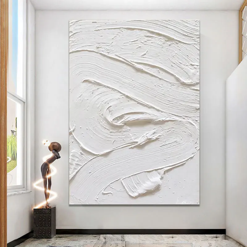 رسومات زيتية تجريدية ثلاثية الأبعاد مخصصة 100% مرسومة يدويًا بألوان بيضاء رسومات زيتية على قماش مصنوعة يدويًا لديكور المنزل