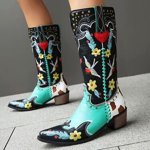 Bottes de chevalier pour femmes avec rivets métalliques, broderies florales, bottes longues de cowboy montantes, chaussures à talons carrés bas multi-motifs pour femmes - Product Image 1