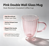 Mug en verre borosilicate à double paroi fait main, design moderne, intérieur rose à rayures verticales, poignée rose, résistant à la chaleur, isolé