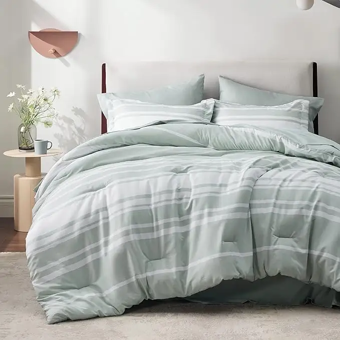 Conjunto de edredom com 5 peças de seda verde e branco para cama, roupa de dormir ideal para todas as estações, lençol e fronha