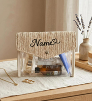OEM Personalisierte Sommer-Strand-Stroh-Gewebte Transparente PVC-Umschlagtasche mit Druckknopf Bestickte Reise-Toilettenartikel-Kosmetiktasche