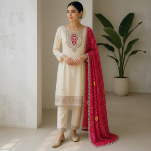 Ensemble Kurti et pantalon en soie et mousseline beige à motifs floraux, style indien, pour femme, tenue de fête, avec dupatta Bandhani, robes Salwar Kameez - Product Image 1