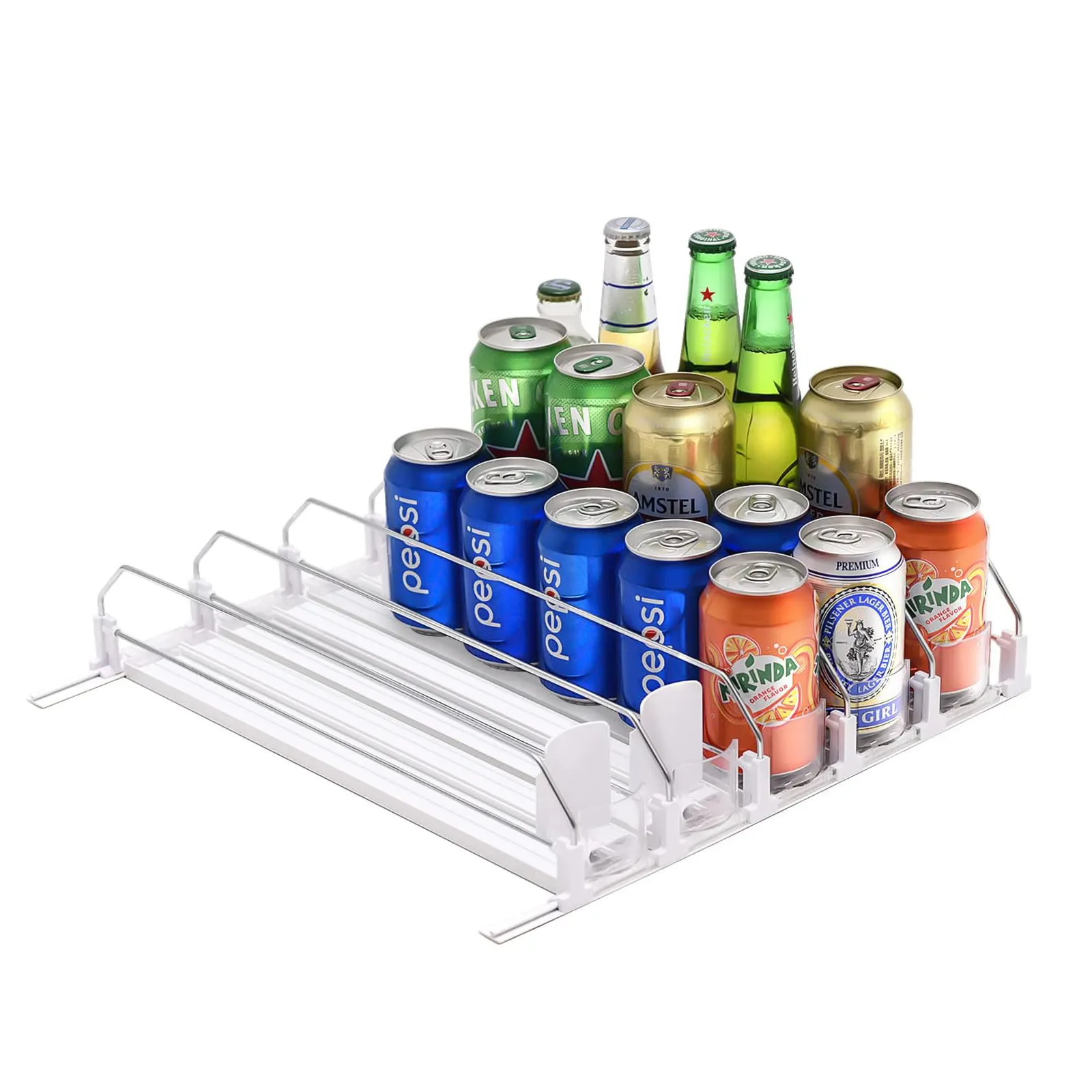 Organizador de latas de refresco para refrigerador, dispensador ajustable de ancho, empujador de bebidas, soporte de almacenamiento de botellas deslizantes