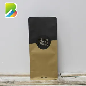 Tas Bio Kertas Hitam Kraft Hitam, Kantung Kopi Berjajar Foil Coklat dengan Katup Bawah 16Oz Matte