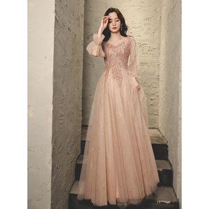 Women's Evening Gown Champagne Color Long Sleeve A-Line Chiffon Elegant Dress For Banquet Grand Annual Meeting - Product Image 1
