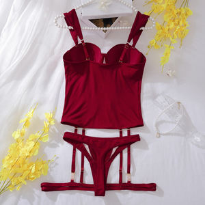 Sexy Vrouwelijke Lingerie Mesh Patchwork Ultra Sexy Elegante Intieme G-String Vrouwen Korset Outfit Bordeauxrood 3 Pcs Intiem - Product Image 6