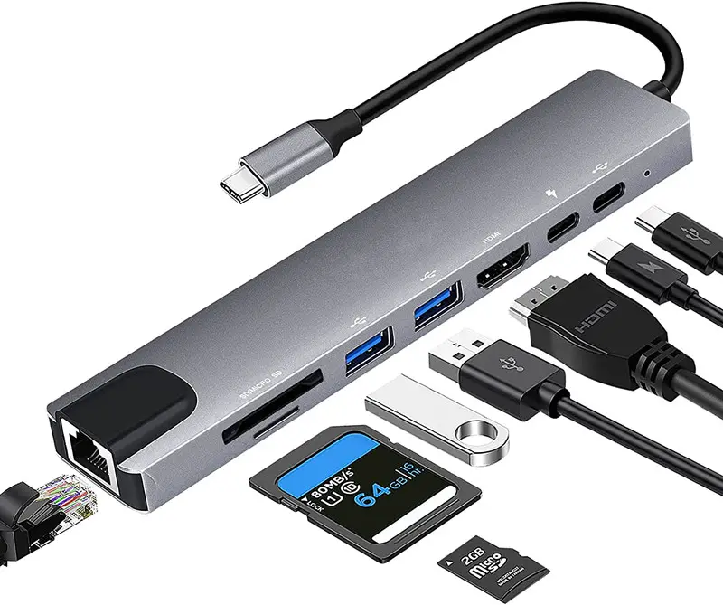 Adaptor Multifungsi USB Tipe C, Hub USB Tipe C Aluminium 3 0, Adaptor Multifungsi 8 In 1 untuk Macbook Pro Ipad Air Matebook, Kartu Status Pengisian OEM ABS