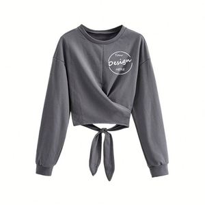 Bán Buôn Crew Cổ Drop Shoulder Tùy Chỉnh Thêu Logo 3D In Ấn Chéo Chuỗi Tie Top Quá Khổ Phụ Nữ Crop Áo & Hoodies - Product Image 2