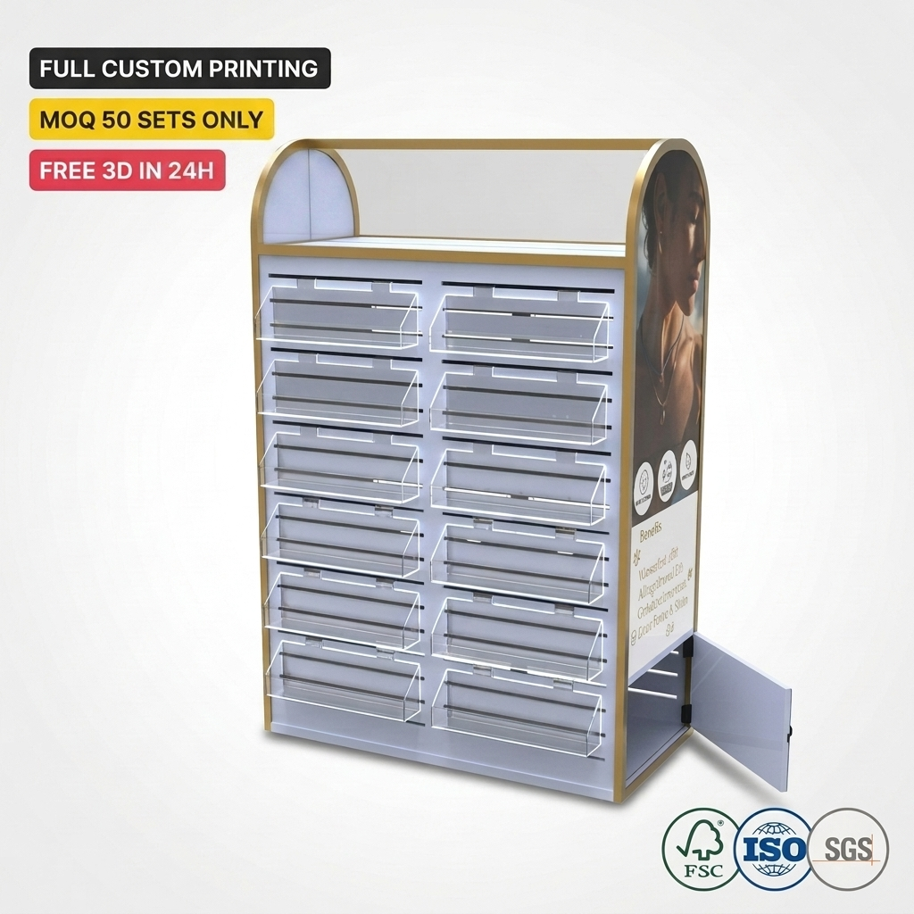 Custom Floor Standing Metal Jewelry Display Stand Rack with Acrylic Bins and Brand Graphics for Retail Store