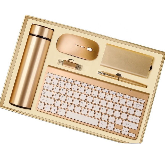 Black Business 5 Into 1 Gift Set Wireless Keyboard + Mouse + Pen + Mobile Power + Otg Usb Drive Gold Gift Sets for Executives