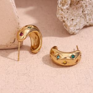 Pendientes de Botón de Circonita con Incrustaciones de Estrellas y Luna en Oro de 18K Retro, Chapados en Acero Inoxidable de Moda para Aniversario y Fiesta - Product Image 1