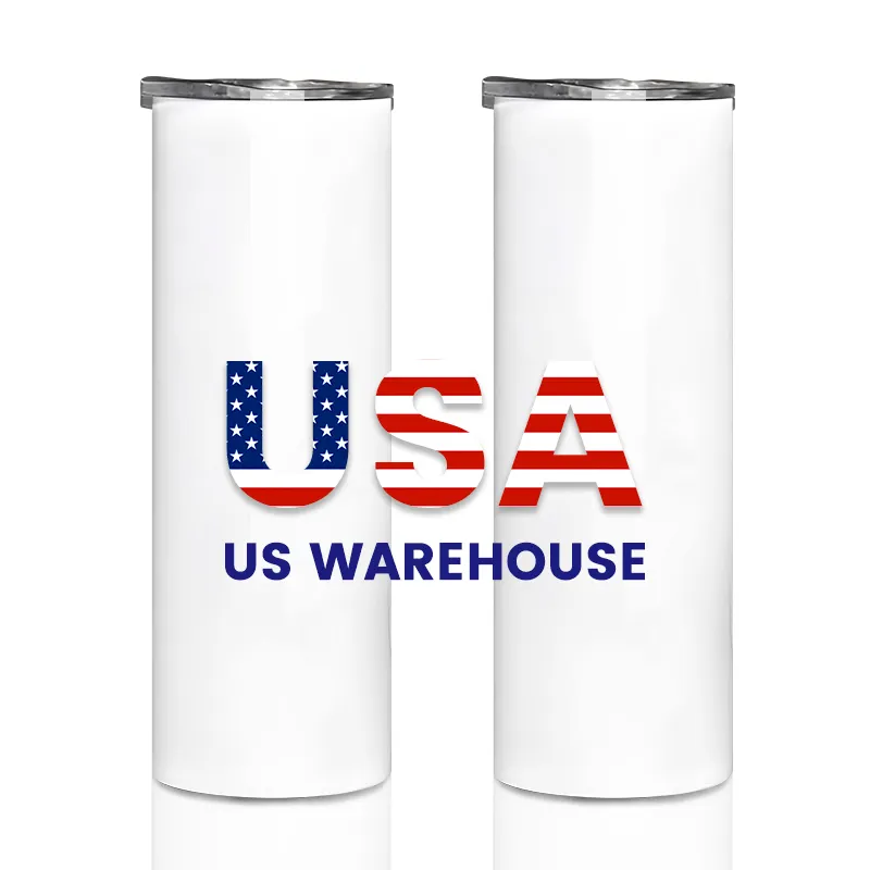 US Warehouse 25pcs Rubber Bottom 20oz 20 oz Skinny Straight Stainless Steel White Blank Sublimation Tumbler with Straw and Box